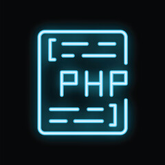 Neon blue icon of a php file is glowing on a dark background