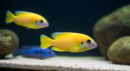 Yellow cichlids aquarium fish.