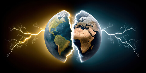 Cracked earth globe split by electric lightning, dramatic contrast between continents