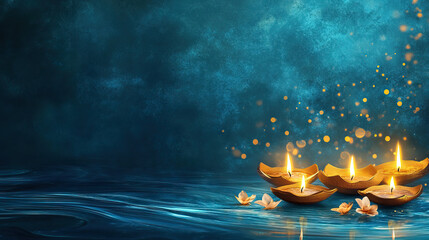 Decorative banner with golden krathongs, candlelight trails and shimmering blue gradient background
