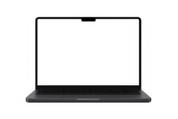 Modern sleek laptop computer with blank screen displaying technology and digital devices isolated on transparent background
