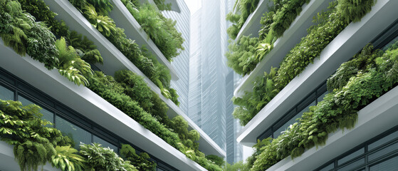 Lush vertical garden terraces hugging modern glass office towers, serene urban green oasis
