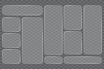 Collection of transparent glass rectangles and squares with rounded corners on a gray grid background