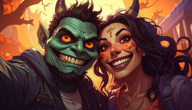 Hilarious horned couple taking selfie in spooky Halloween setting, perfect for creative designs, costume party invites, or festive seasonal campaigns