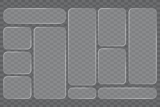 Collection of transparent glass rectangles and squares with rounded corners on a gray grid background
