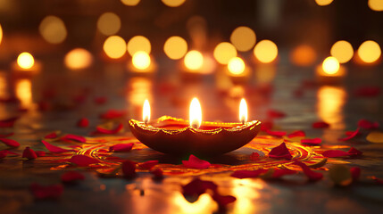 Festive Diwali background with golden rangoli on floor, floating petals and glowing oil lamps around