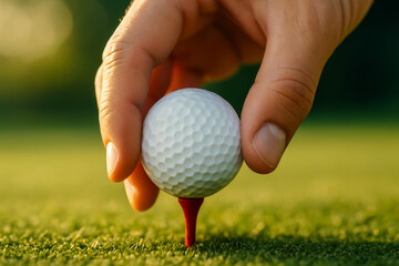 Hand placing a golf ball on a red tee outdoors