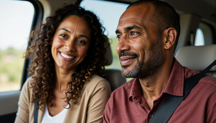 Interracial couple smiling while traveling together in a car  