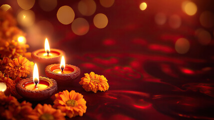 Golden glowing Diwali background with diya lamps, marigold garlands, and mandala pattern on deep red silk texture