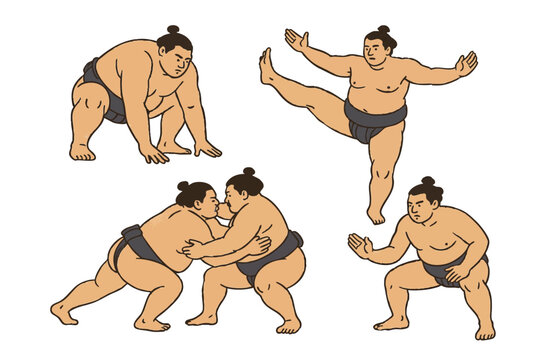 Set of sumo japan man. Sport person wrestler fight traditional japanese culture. Vector flat illustration