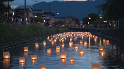 Lanterns floating on a calm river at twilight during Bon Odori memorial ritual