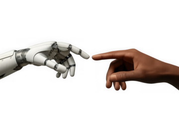 Human and robotic hand fingers touching signifying artificial intelligence and future technology connection isolated on transparent background