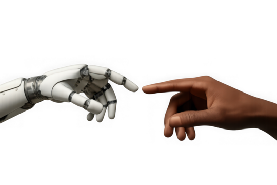 Human and robotic hand fingers touching signifying artificial intelligence and future technology connection isolated on transparent background