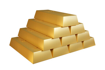 A shining stack of golden bars forming a pyramid on a white background symbolizes wealth, finance, and success in investment - 3D render