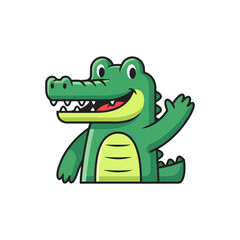 Obraz premium Friendly green cartoon alligator waving hello with a big smile, perfect for children's themes and educational content