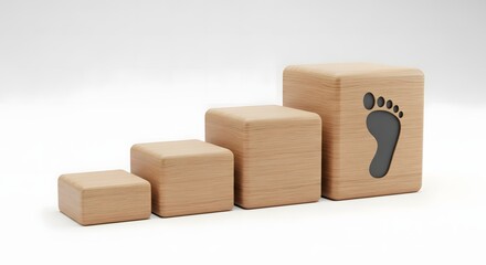 Obraz premium Step-by-Step Progress Concept with Footprint Icon on Ascending Wooden Cubes