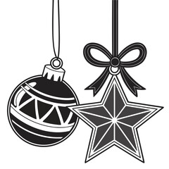 Classic christmas ornaments featuring a decorative ball and star hanging with a festive ribbon bow