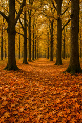 Scenic autumn pathway through vibrant orange-leaved forest