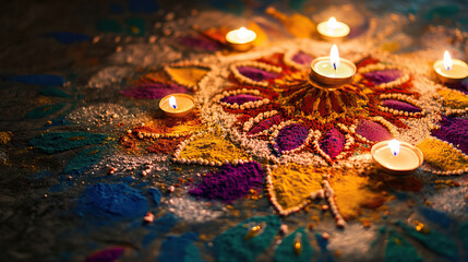 Rangoli pattern made with coloured powders and lit candles around it, closeup detail