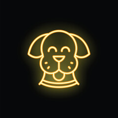 Yellow neon sign of a happy dog face on a black background