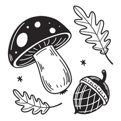 Whimsical black and white hand drawn illustration of a mushroom acorn and oak leaves with small stars