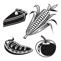 A delightful collection of harvest foods including a slice of pie fresh corn on the cob a juicy apple and a slice of pie