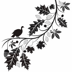 Silhouette of a bird perched on a branch adorned with autumn leaves acorns and berries in a decorative design