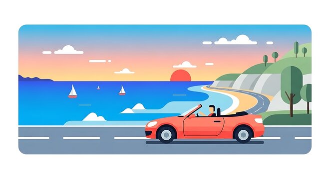 Sunset Coastal Drive with Convertible Car. - Powered by Adobe