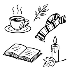 Cozy autumn elements collection featuring a steaming coffee cup open book scarf candle and leaf illustration