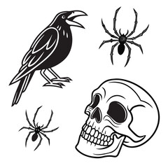 Spooky halloween illustration featuring a black crow two spiders and a human skull on a white background