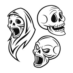 Collection of three distinct black and white skull illustrations with expressive faces conveying different emotions and styles