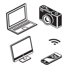 A collection of modern technology devices, including a laptop, a camera, a monitor, a smartphone, and a wifi symbol, all in black and white