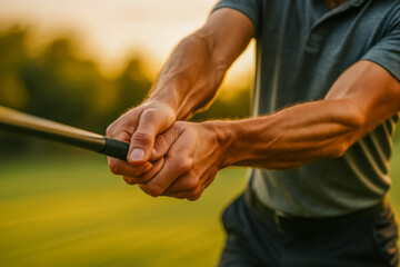 Close-up of strong hands gripping a golf club firmly