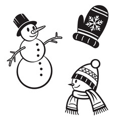 A cheerful snowman with a top hat, a cozy mitten with a snowflake, and a warm winter hat with a scarf, perfect for winter and holiday themes