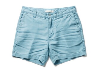A pair of light blue casual shorts made of fabric featuring a button zipper pockets and belt loops neatly laid out against a white background with soft shadows