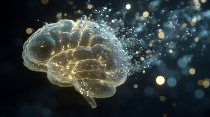 Fototapeta premium transparent brain dissolving into floating bubbles of light, mindfulness concept, high-end conceptual digital art, soft bokeh background, cinematic tone mapping, 