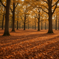 Fototapeta premium Serene autumn landscape with golden trees and fallen leaves
