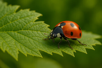 Fototapeta premium Close-up of a ladybug crawling on a green leaf