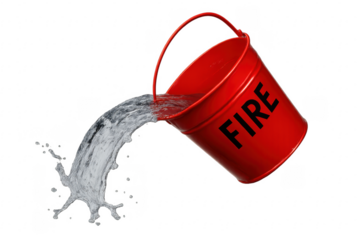 Red fire bucket pouring water, splashing, transparent background