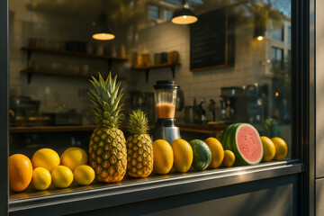 Fresh fruits displayed in a cafe window with a blender