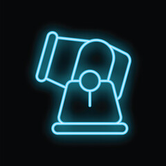 Blue neon icon of a confetti cannon glowing on black background