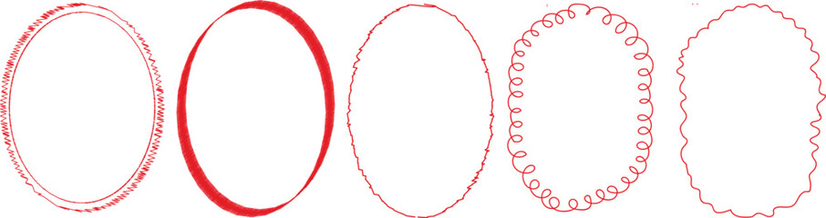 Collection of five decorative oval frames with intricate floral and vine patterns in red and white