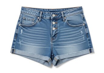 A pair of light blue denim shorts featuring a button-fly closure front pockets and cuffed hems laid flat on a white background with subtle distressing