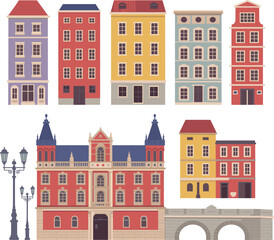 Colorful European city building facades illustration, classic architecture design collection, historical street houses, urban skyline concept, vintage travel art
