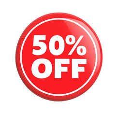 Red circular sticker with 50% off text on transparent background