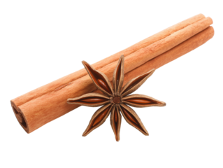 Close-up of cinnamon sticks and star anise on transparent background