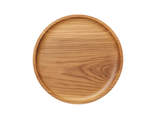 Round wooden plate with natural grain pattern on transparent background