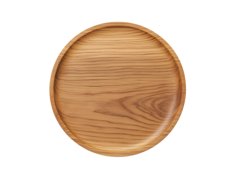 Round wooden plate with natural grain pattern on transparent background