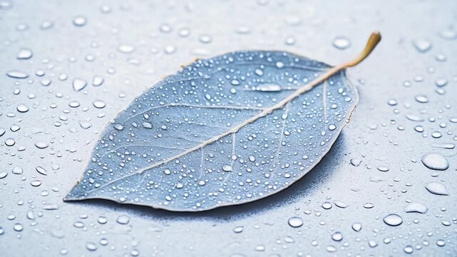 A single blue leaf with water droplets glisten in the light