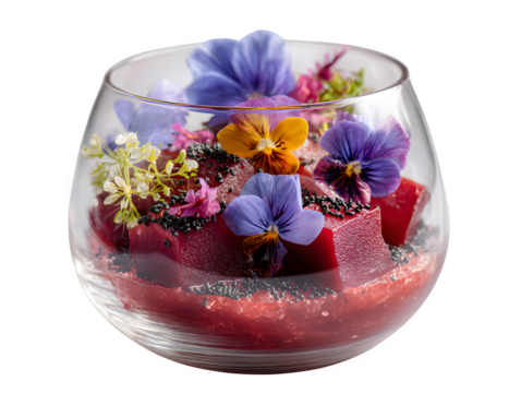 Exquisite culinary creation featuring vibrant edible flowers and ruby red cubes in a clear glass bowl.